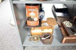 A vintage Hacks tin, h25cm, sold together with a weighing scale, a Chubb key and a blue and white
