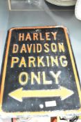 An embossed metal Harley Davidson Parking Sign, h45cm