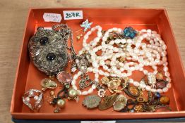 A collection of costume jewellery, including fresh water pearls, earrings and a locket