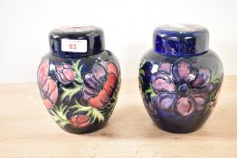 Two Moorcroft 'Anemone' pattern ginger jars with covers, having tube line decoration, impressed