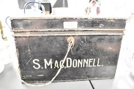 An early 20th century black metal deed box, inscribed reading 'S.MAC,DONNELL', h20cm, sold