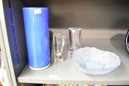 A heart shaped glass dish having impressed foliage patterns, w21cm, sold together with a