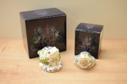 A Royal Crown Derby bone china limited edition Toad paperweight, number 1358/3500, sold toegther