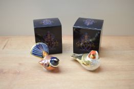 Two Royal Crown Derby bone china paperweights, Fantail and Goldfinch, both having Imari style