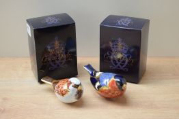 Two Royal Crown Derby bone china paperweights, Bullfinch and House Sparrow, both having Imari