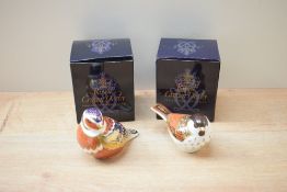 Two Royal Crown Derby bone china paperweights, Willow Tit and Chaffinch, both having Imari style