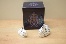 A pair of Royal Crown Derby bone china 25th Anniversary Rabbit paperweights, special edition