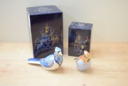 Two Royal Crown Derby bone china paperweights, 'Blue Jay' and 'Waxwing', both having Imari style