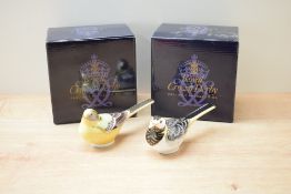 Two Royal Crown Derby bone china paperweights, Pied Wagtail and Yellow Wagtail, both having Imari