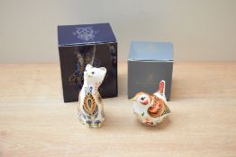 A Royal Crown Derby bone china 'William Shakespeare Wren' paperweight with gold coloured stopper