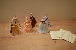 A group of six Franklin Porcelain figurines comprising 'Laura' as Queen Victoria, 'Diane' as Marie