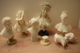 A group of six A.Giannelli and similar busts on marble bases including Mozart, one loose to base and