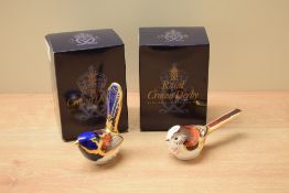 Two Royal Crown Derby bone china paperweights, Long-Tailed Tit and Fairy Wren, both having Imari
