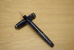 A Parker Duofold button fill fountain pen in striated Grey and Blue with two gold bands to the cap
