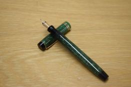 A Parker Duofold Senior button fill fountain pen in Green Jade with two narrow cap bands having