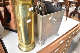 A brass trench art style shell stick stand, height approx. 40cm , brass coal bucket and