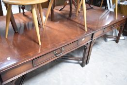 A pair of reproduction square coffee tables , having two drawers, each approx 95 x 95cm