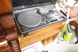 A vintage Hitachi SDT-400 music centre on laminate stand, and a pair of Toshiba speakers