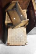 Two vintage strung stools and a book trough
