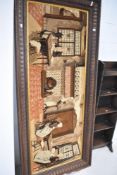 A framed pictorial carpet panel , approx. 179 x 81cm in total , most likely machine made but in