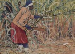 Hilary Armstrong (Contemporary) Batik showing a woman cutting crops with a machete, within gilt