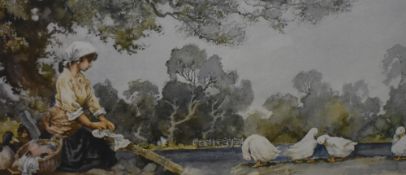 E Sturgeon (British, 20th Century) colour print 'Washerwoman and Geese', signed lower right,