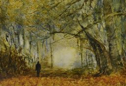 Attributed to J Burgess (contemporary) watercolour 'A Man in Autumn' within a white card mount and