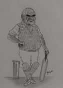 Artist unknown, 20th century pencil drawing of an elderly cricketer, within mount and dark wood