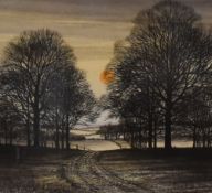 After Kathleen Caddick (British b.1937) artists proof, winter landscape with setting sun, signed