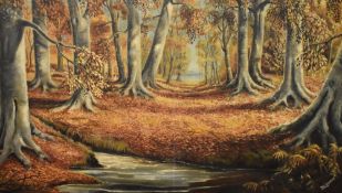 L Bennett (20th century) a large mid century oil on canvas, autumnal woodland scene with stream,