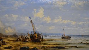 A 19th century English school oil on canvas, coastal scene with fishing boats and figures, unsigned,