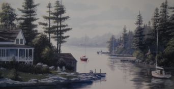 After William (bill) Saunders (Canadian b.1948) colour print, 'Country Cottage' lake front with