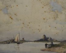 John Ernest Aitken (British 1881-1957) watercolour, Dutch waterway with boats, windmills and