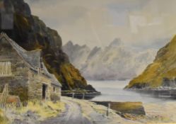 Edwin Grieg Hall (British 1929-2017) watercolour, mountainous landscape with lake and stone