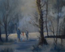 Artist unknown, 20th century oil on board, figures within a winter woodland landscape, unsigned