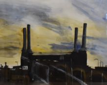 Artist unknown, a contemporary mixed media, industrial buildings and bridge, unsigned, within a