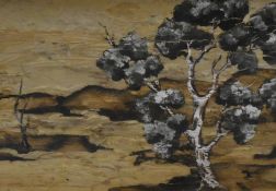 Artist unknown, bark painting, depicting two lone trees in a hilly landscape, signed indistinctly