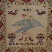 An early Victorian polychrome pictorial needlework sampler, decorated with birds and flowers,