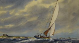 Winston Megoram (British 1913-1971) watercolour, coastal scene with leisure yacht, signed lower