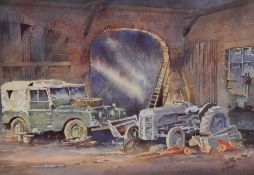 After G.T Brook (20th/21st century) limited edition colour print, barn interior with Landrover and
