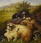 A 19th century English school oil on canvas, sheepdog, sheep and lambs within a rural landscape,