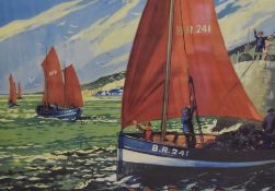 A 20th century colour print, crab or lobster boats, facsimile signature lower left within a gilt
