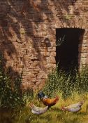 Edward Hersey (British b.1948) oil on canvas, cockerel and chickens outside a disused farm building,