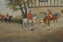 Artist unknown, a pair of early 20th century oil on canvas fox hunting scenes, huntsmen, their