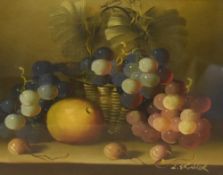 L Skinner (20th century) oil on board, still life study, arrangement of fruit with basket, signed