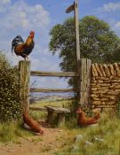 Edward Hersey (British b.1948) oil on canvas, cockerel and chickens at a country stile, signed lower