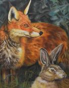 Kolbe (20th century) watercolour, a large and striking depiction of a fox and Hare amongst grass