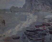 Claude Monet (French, 1840-1926) colour print depicting boats, cliffs and beach, within off white