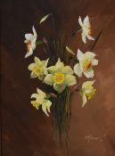 Fred McJannet (British 20th century) oil on canvas, still life study, daffodils, signed lower right,
