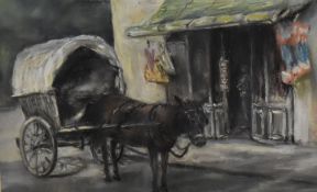 Artist unknown, charcoal and coloured chalks, mule with cart, initialled VDW lower right, within a